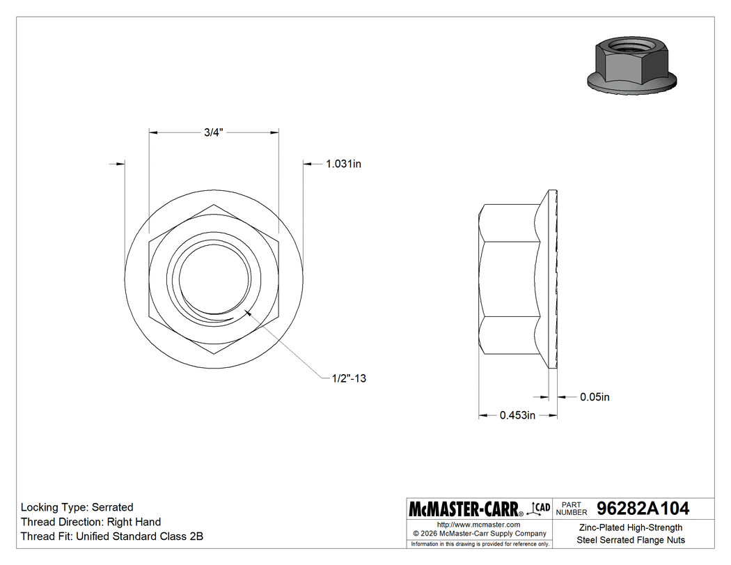 Technical Drawing of Zinc-Plated High-Strength Steel Serrated Flange Nuts, Grade 8, 1/2"-13 Thread Size.